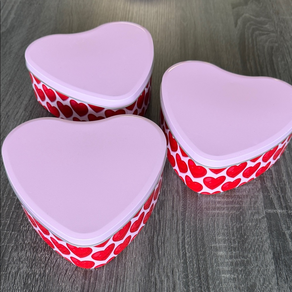 Set of 3 Heart-Shaped Tin Boxes - Pink Lids with Red Heart Pattern
